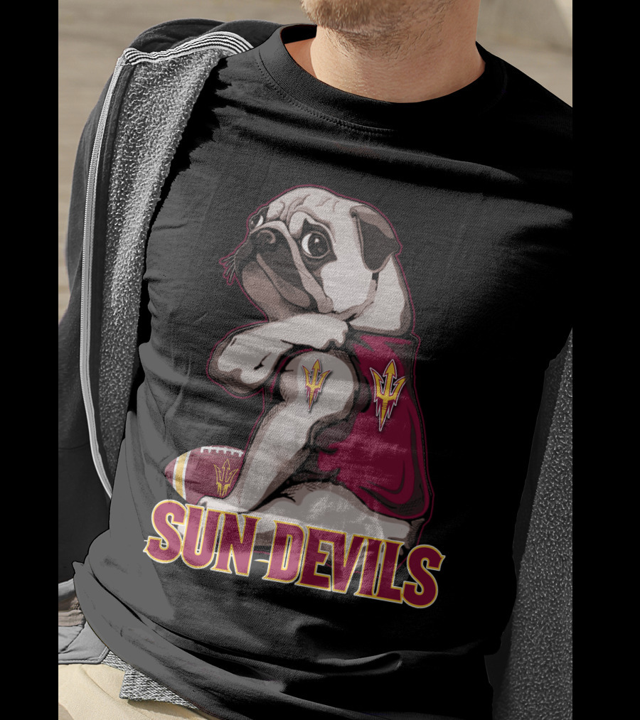 Pug With Trident In Sun Devils Football Mascot Theme T-Shirt