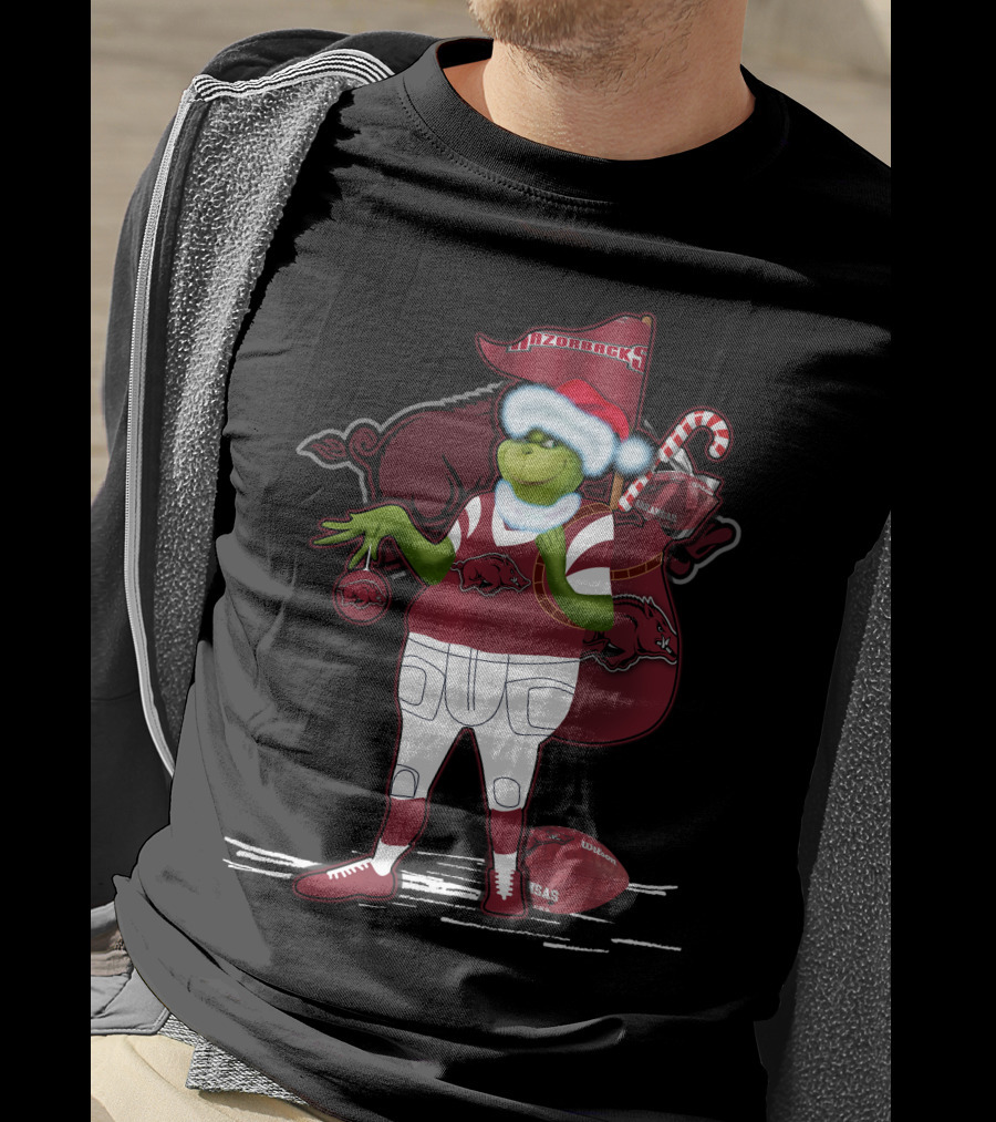 Grinchxmas Arkansas Razorbacks Santa Hat Football Candy Cane T-Shirt