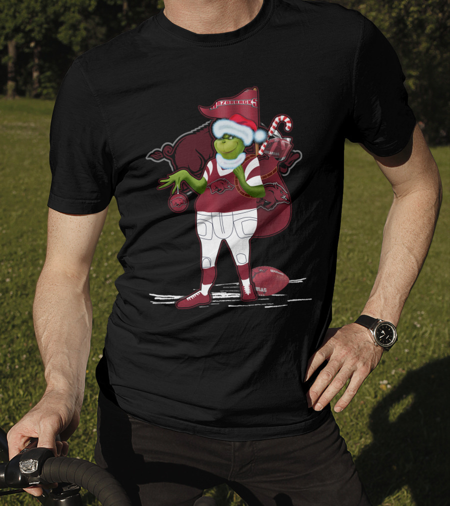 Grinchxmas Arkansas Razorbacks Santa Hat Football Candy Cane T-Shirt