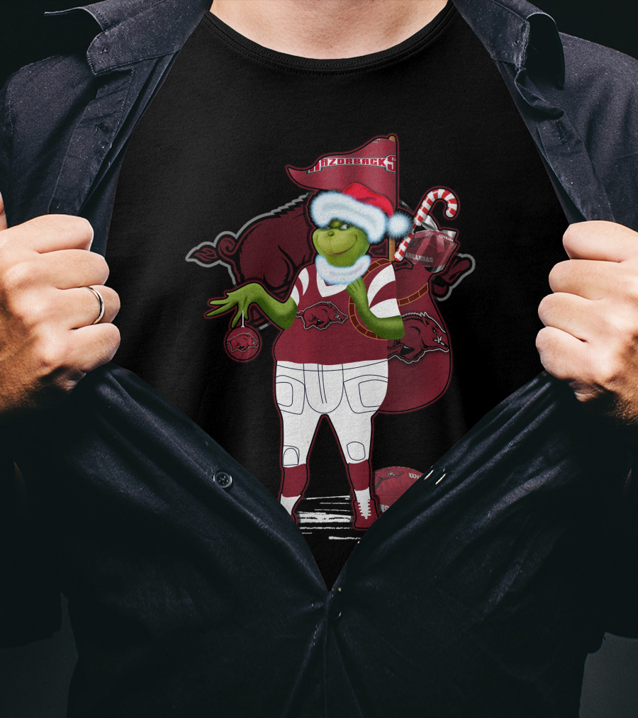 Grinchxmas Arkansas Razorbacks Santa Hat Football Candy Cane T-Shirt