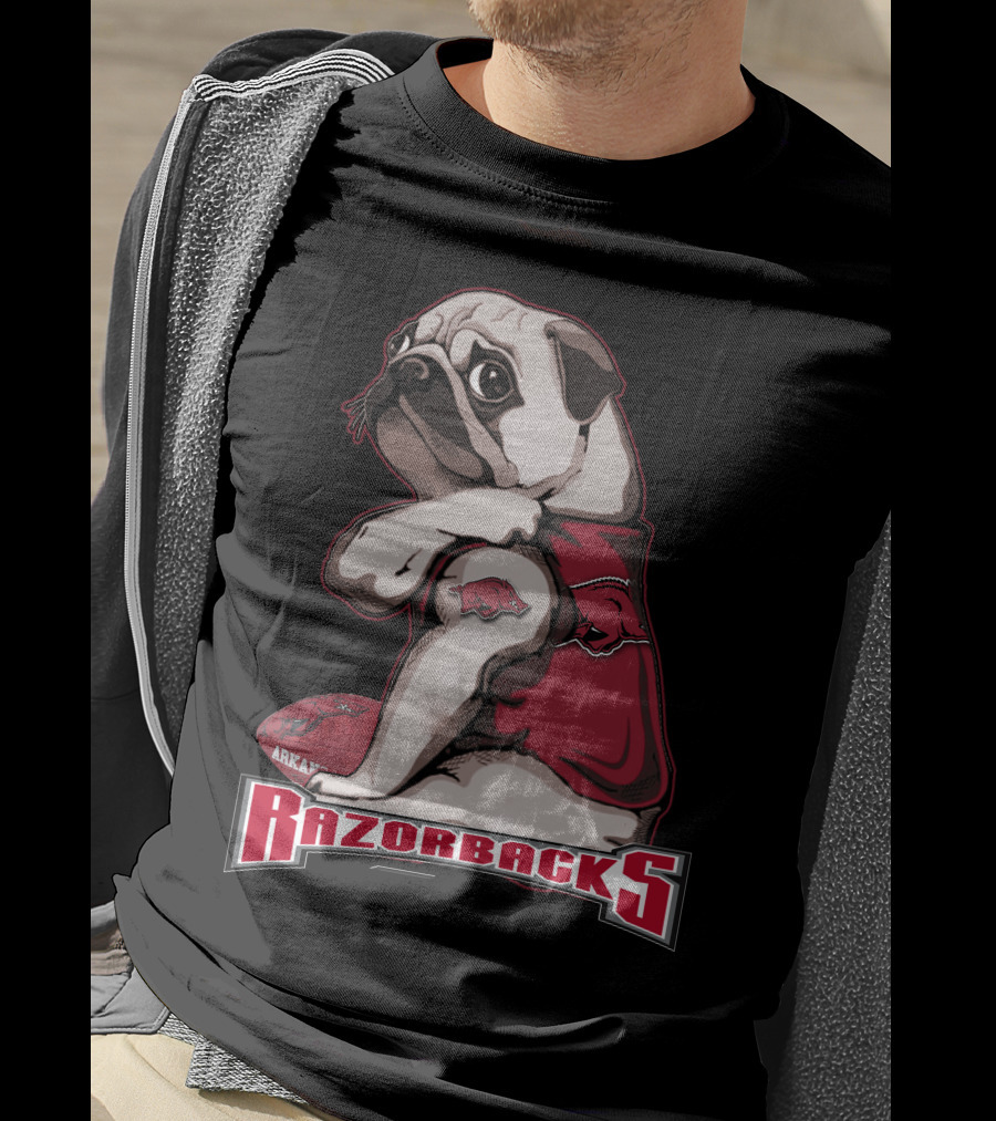 Pug Wearing Arkansas Razorbacks Football Gear T-Shirt