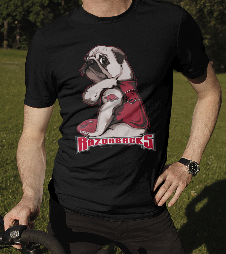 Pug Wearing Arkansas Razorbacks Football Gear T-Shirt