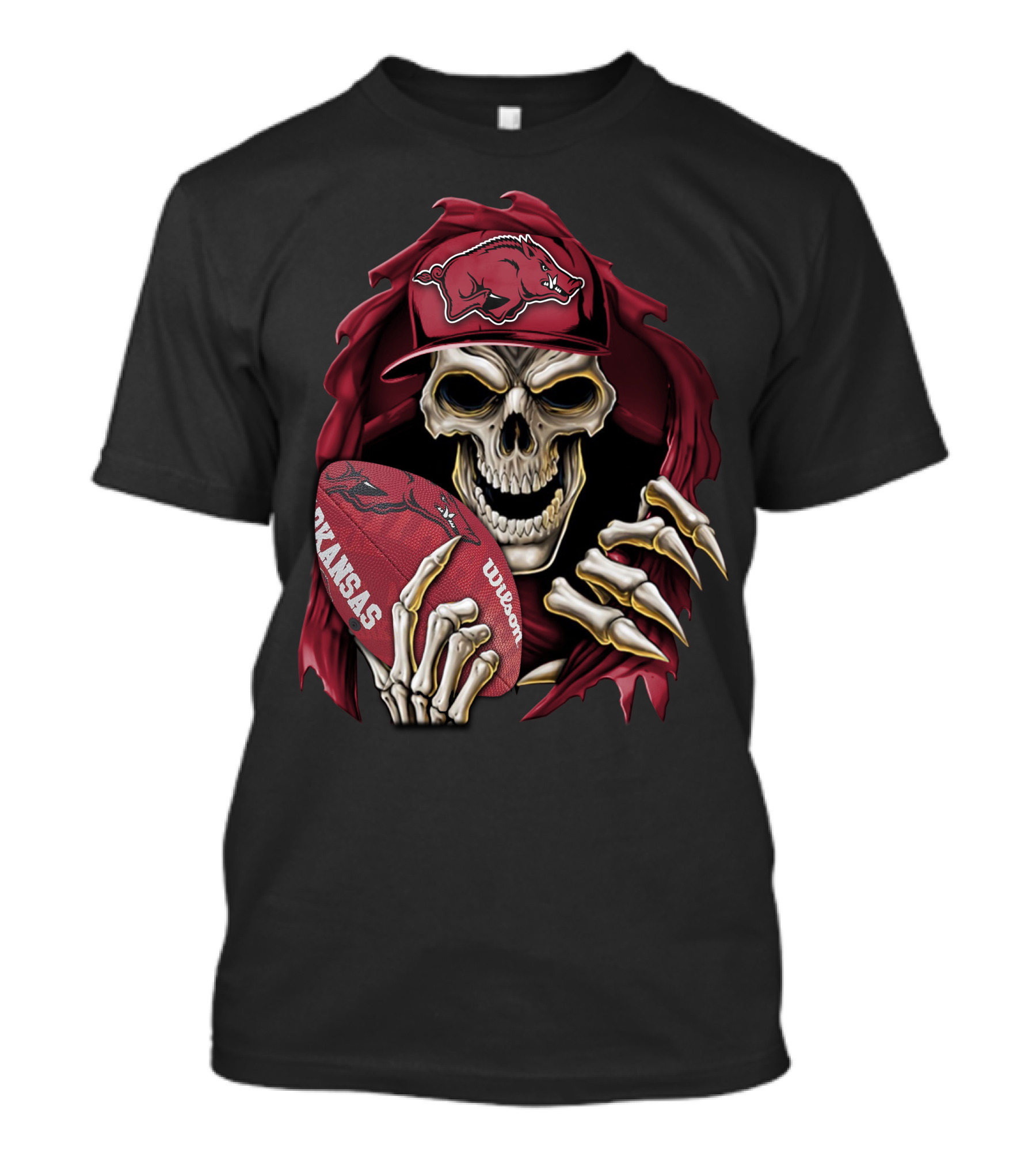 Skullbong Arkansas Razorbacks Skeleton Holding Football With Razorback Cap T-Shirt