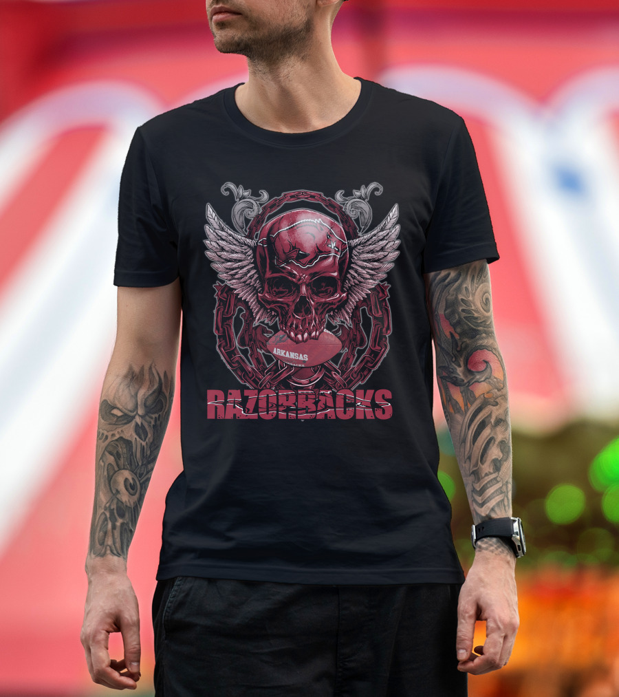 Arkansas Razorbacks Skull Winged Football T-Shirt