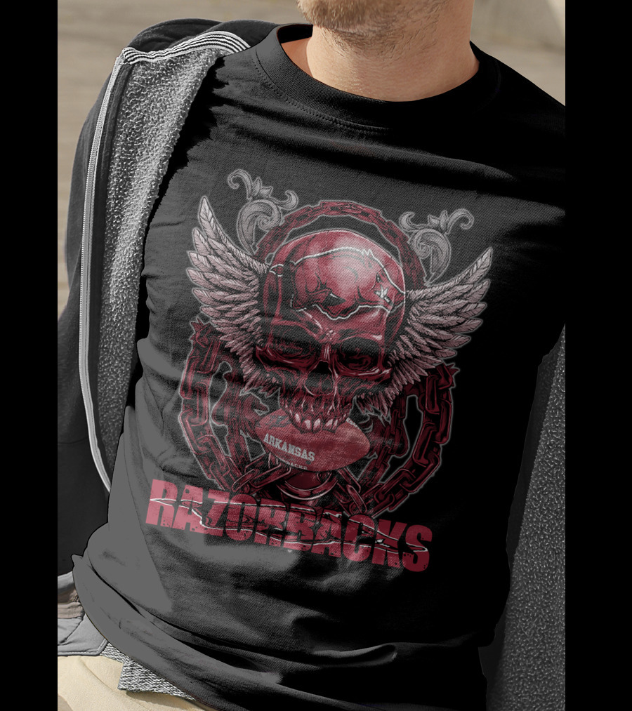 Arkansas Razorbacks Skull Winged Football T-Shirt
