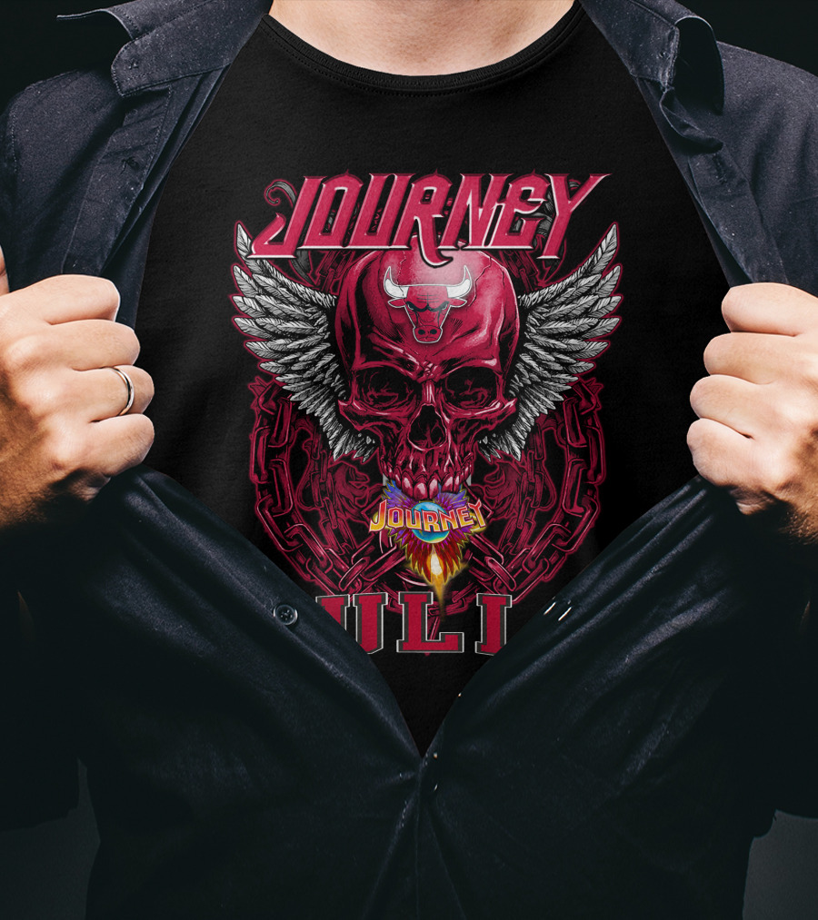 Journey Chicago Bulls Flaming Skull Wings Chain T-Shirt