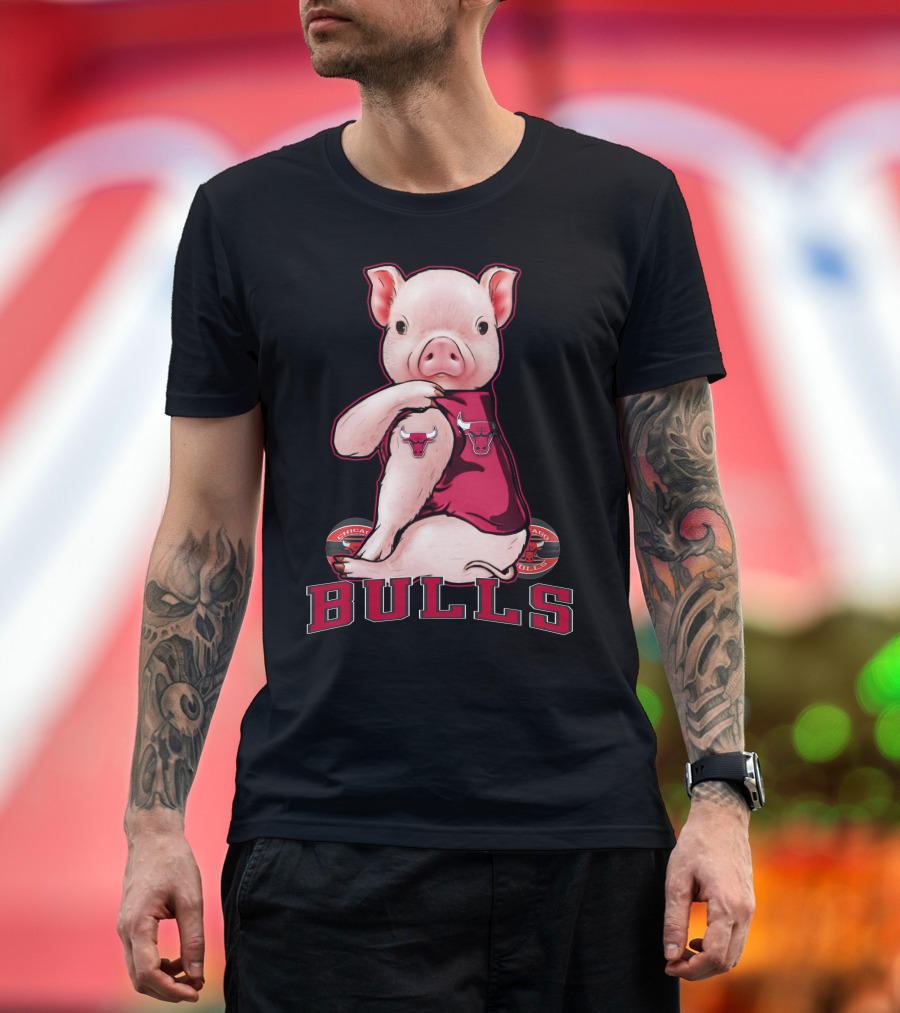 Pig with Chicago Bulls Logo on Jersey and Bulls Emblem T-Shirt