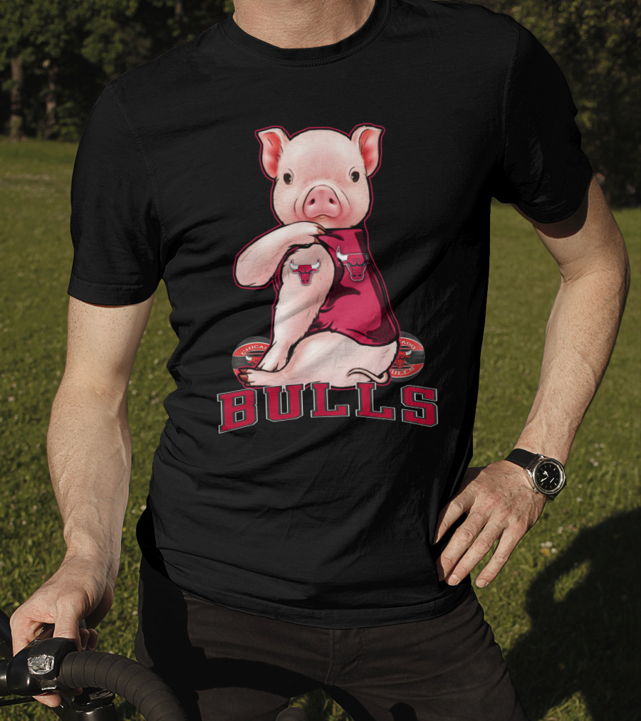 Pig With Chicago Bulls Logo On Jersey And Bulls Emblem T-Shirt