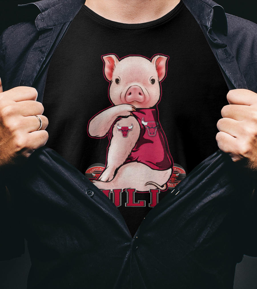 Pig With Chicago Bulls Logo On Jersey And Bulls Emblem T-Shirt