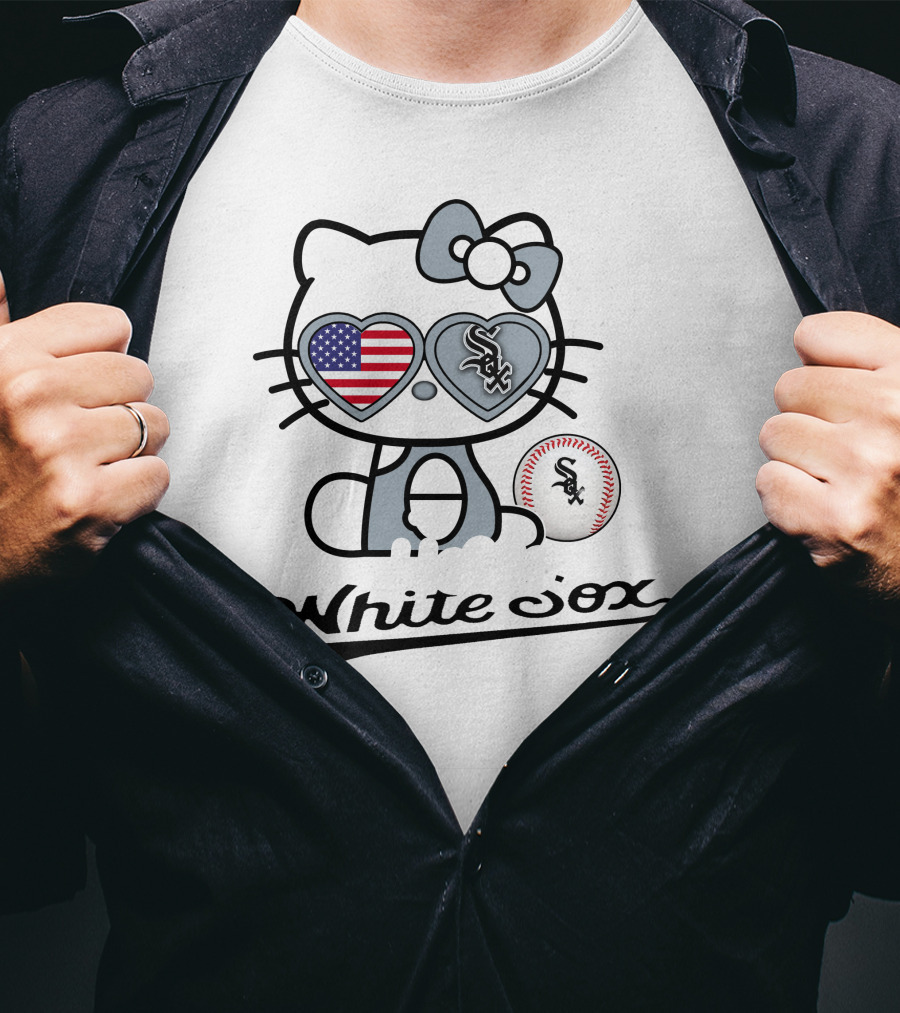 Hello Kitty Chicago White Sox Baseball USA Flag T-Shirt