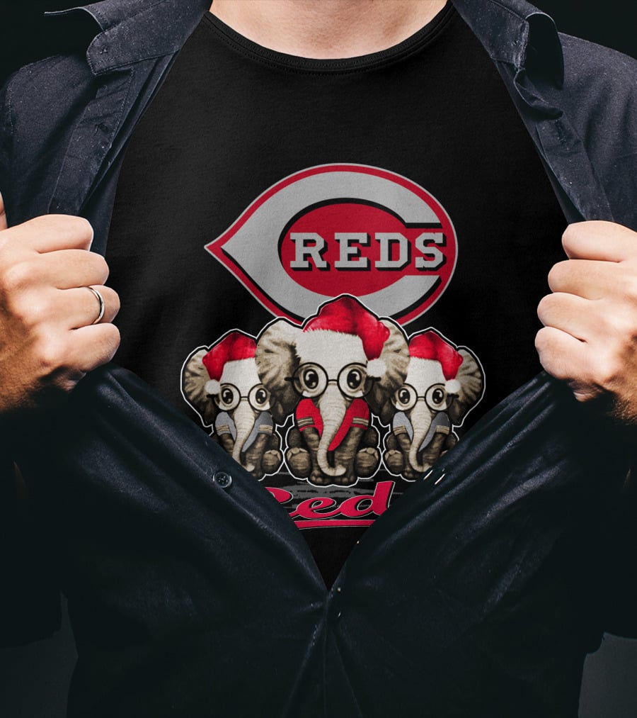 Cincinnati Reds Christmas Elephants In Santa Hats T-Shirt
