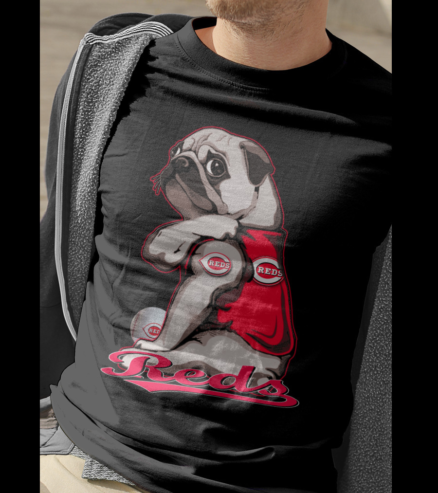 Pug Wearing Cincinnati Reds Jersey With Baseball T-Shirt