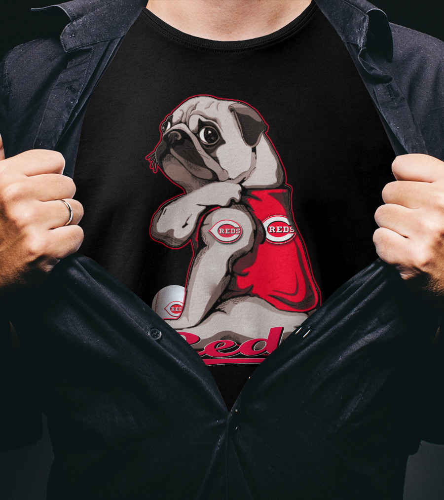 Pug Wearing Cincinnati Reds Jersey With Baseball T-Shirt