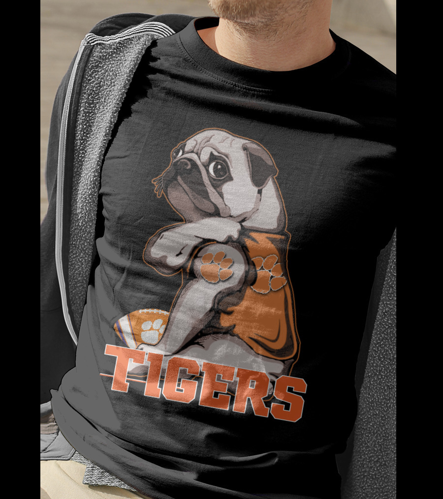 Pug Wearing Clemson Tigers Jersey With Paw Prints Football T-Shirt