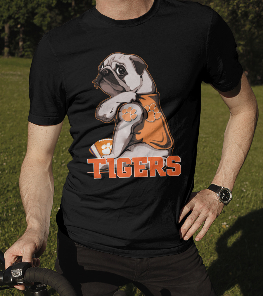 Pug Wearing Clemson Tigers Jersey With Paw Prints Football T-Shirt