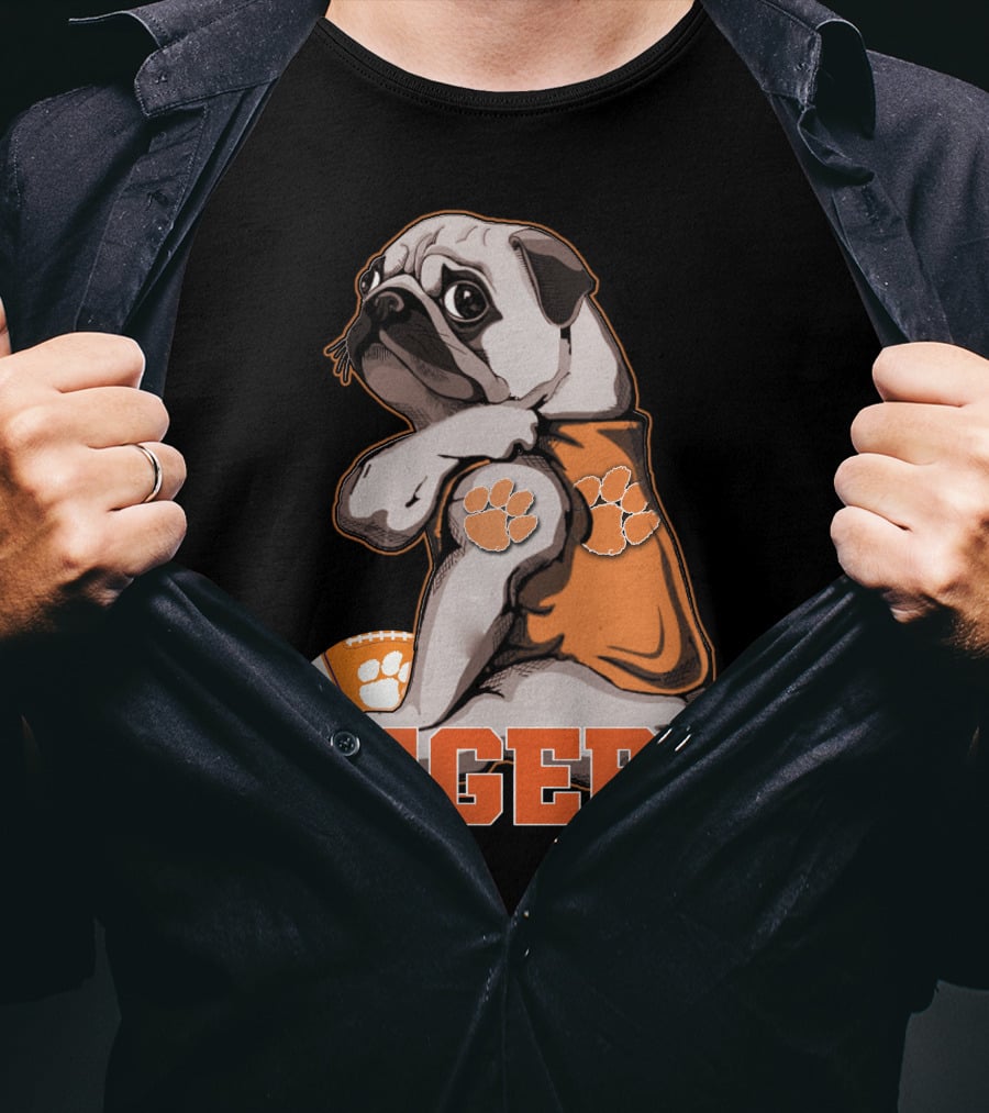 Pug Wearing Clemson Tigers Jersey With Paw Prints Football T-Shirt