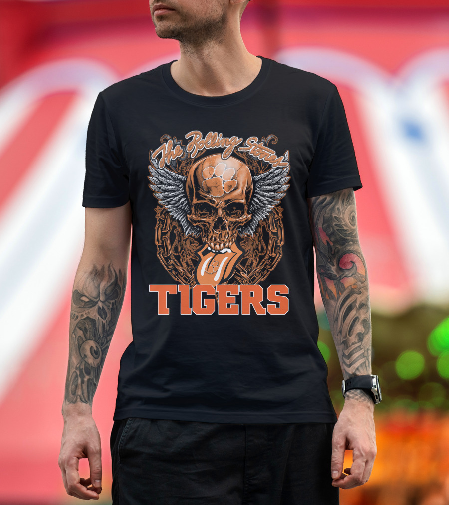 The Rolling Stones Skull With Clemson Tigers Paw And Wings T-Shirt