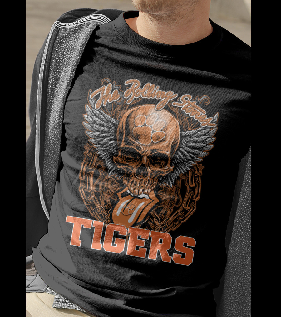 The Rolling Stones Skull With Clemson Tigers Paw And Wings T-Shirt