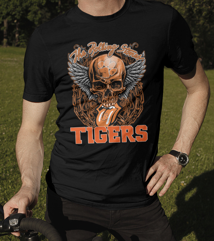 The Rolling Stones Skull With Clemson Tigers Paw And Wings T-Shirt