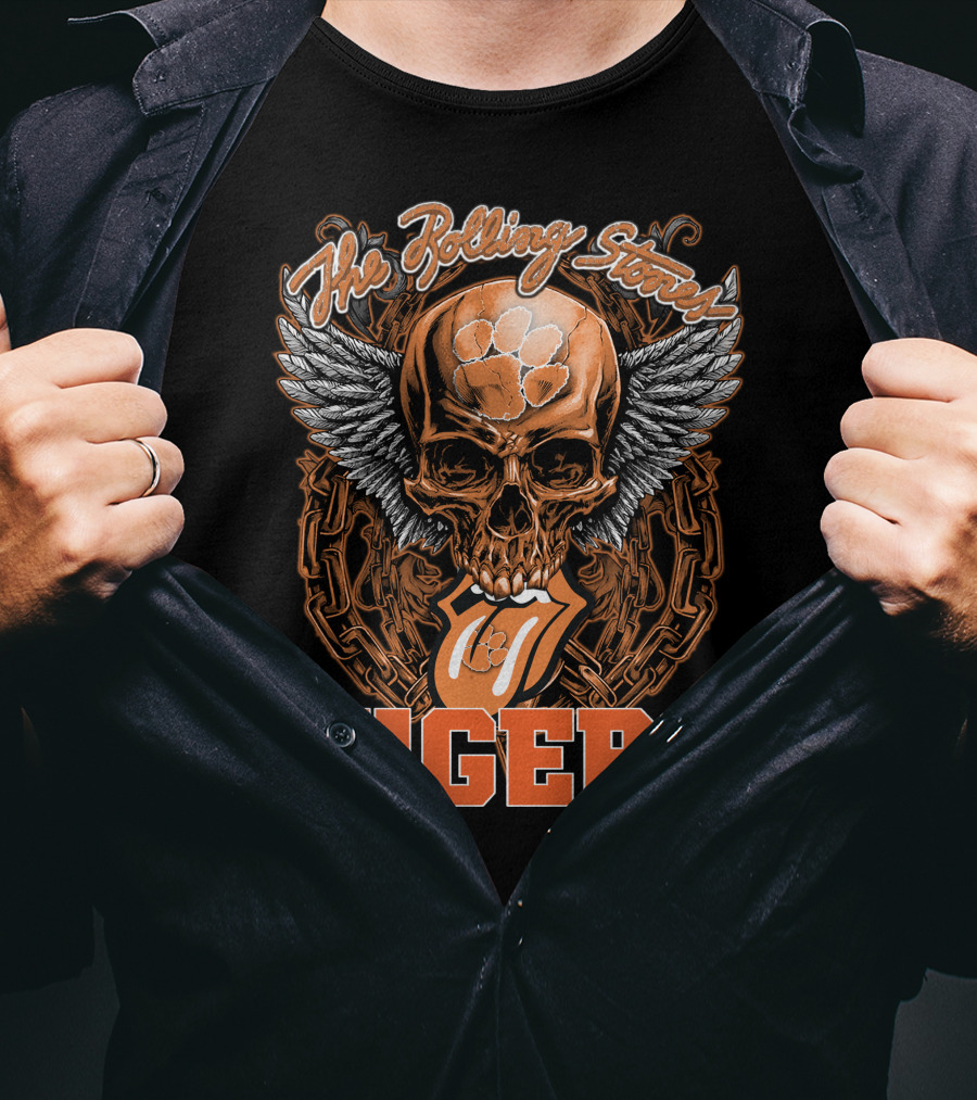 The Rolling Stones Skull With Clemson Tigers Paw And Wings T-Shirt
