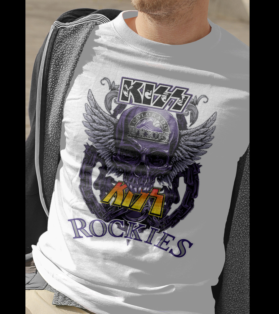 Kiss Colorado Rockies Skull Wings Logo Fusion T-Shirt