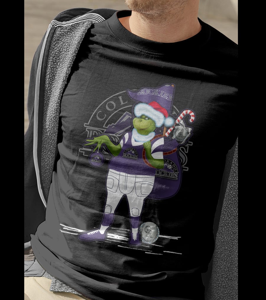 Grinchxmas Colorado Rockies Santa Grinch With Baseball Gear And Candy Cane T-Shirt