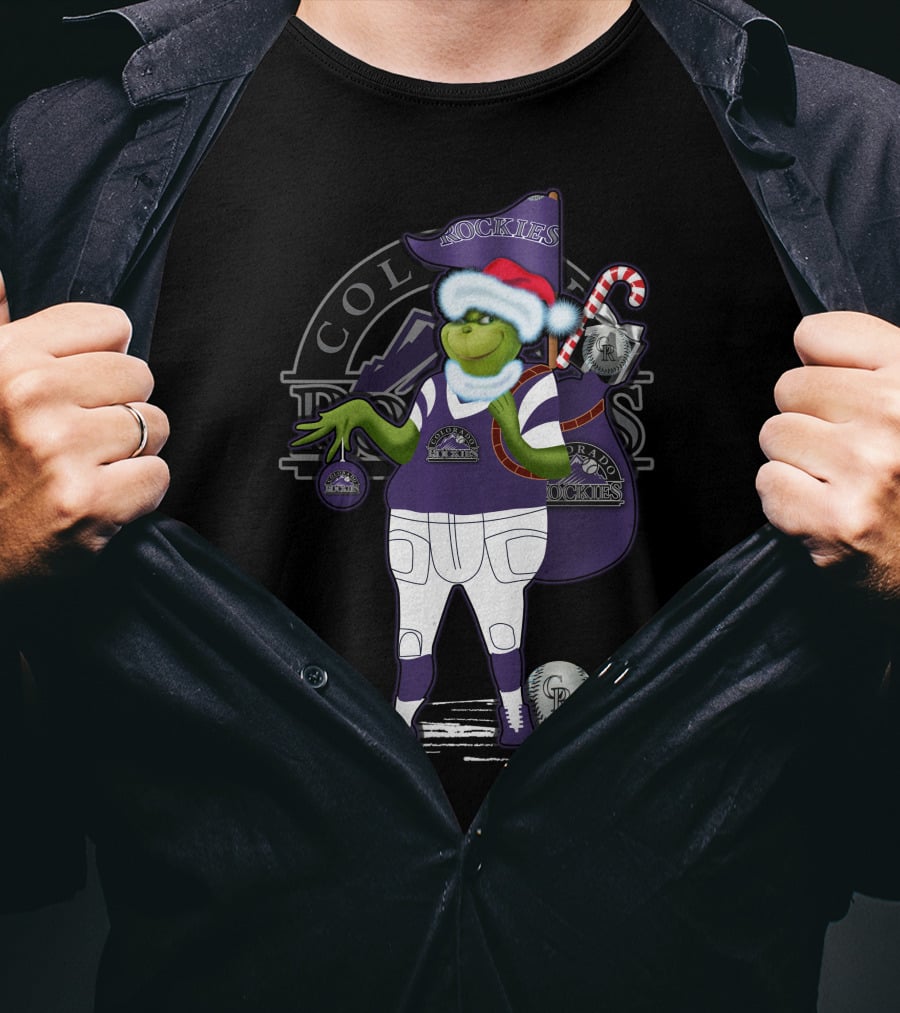 Grinchxmas Colorado Rockies Santa Grinch With Baseball Gear And Candy Cane T-Shirt