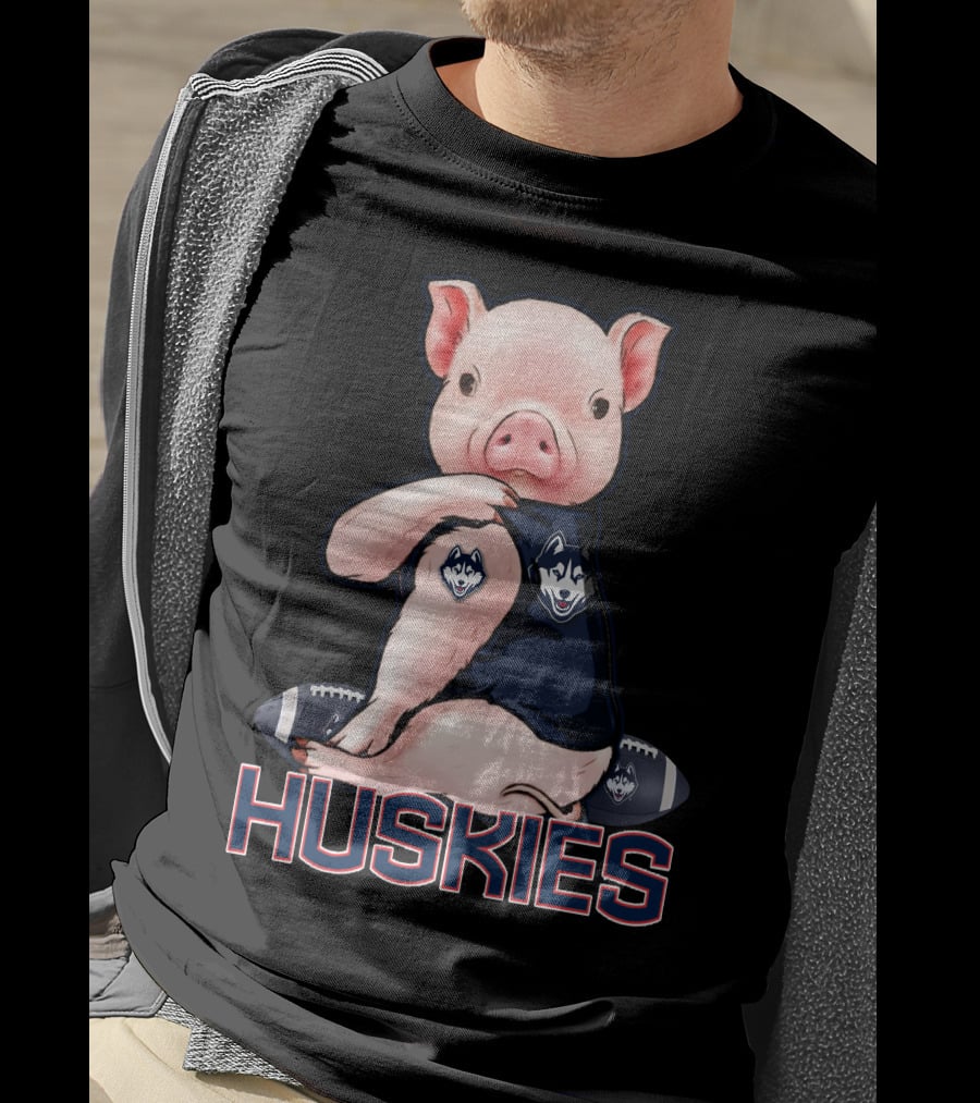 Pig Wearing Connecticut Huskies Logo Football Mascot T-Shirt