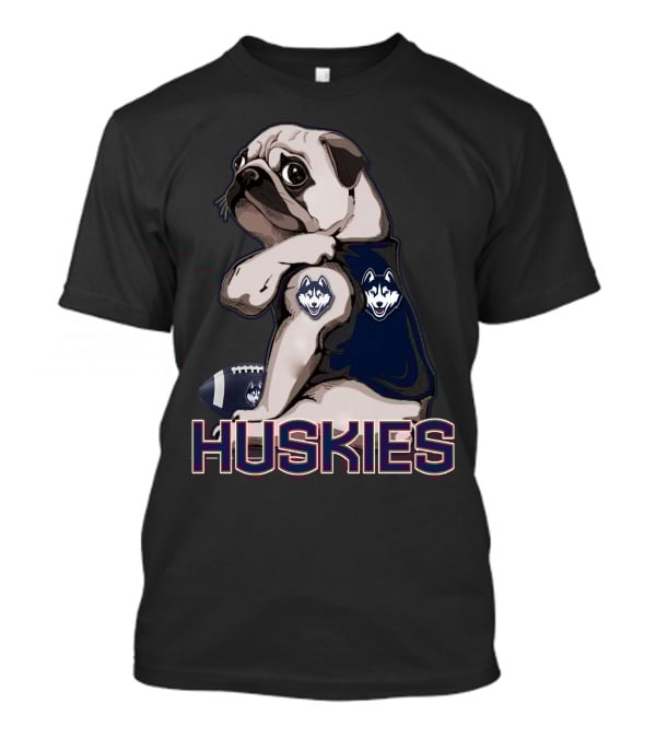 Pug With Connecticut Huskies Logo And Football T-Shirt