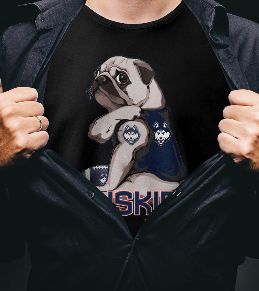 Pug With Connecticut Huskies Logo And Football T-Shirt