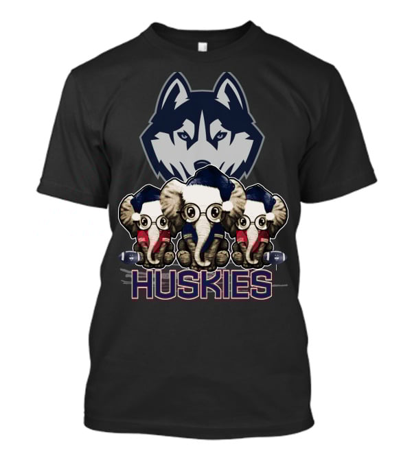 Elephant Xmas Connecticut Huskies Trio With Santa Hats And Glasses T-Shirt