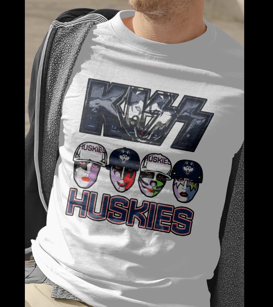 Kiss Band Style Logo With Connecticut Huskies Faces And Hats T-Shirt