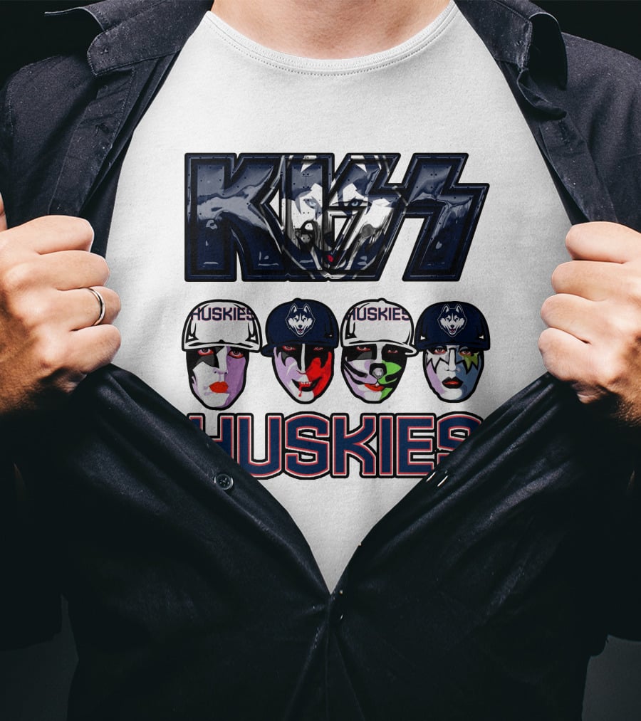 Kiss Band Style Logo With Connecticut Huskies Faces And Hats T-Shirt