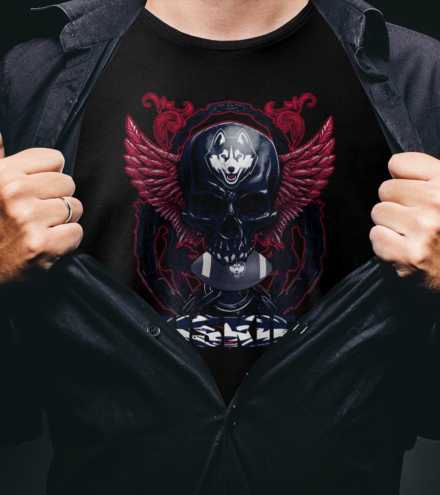 Huskies Skullfb Connecticut Winged Skull With Husky T-Shirt