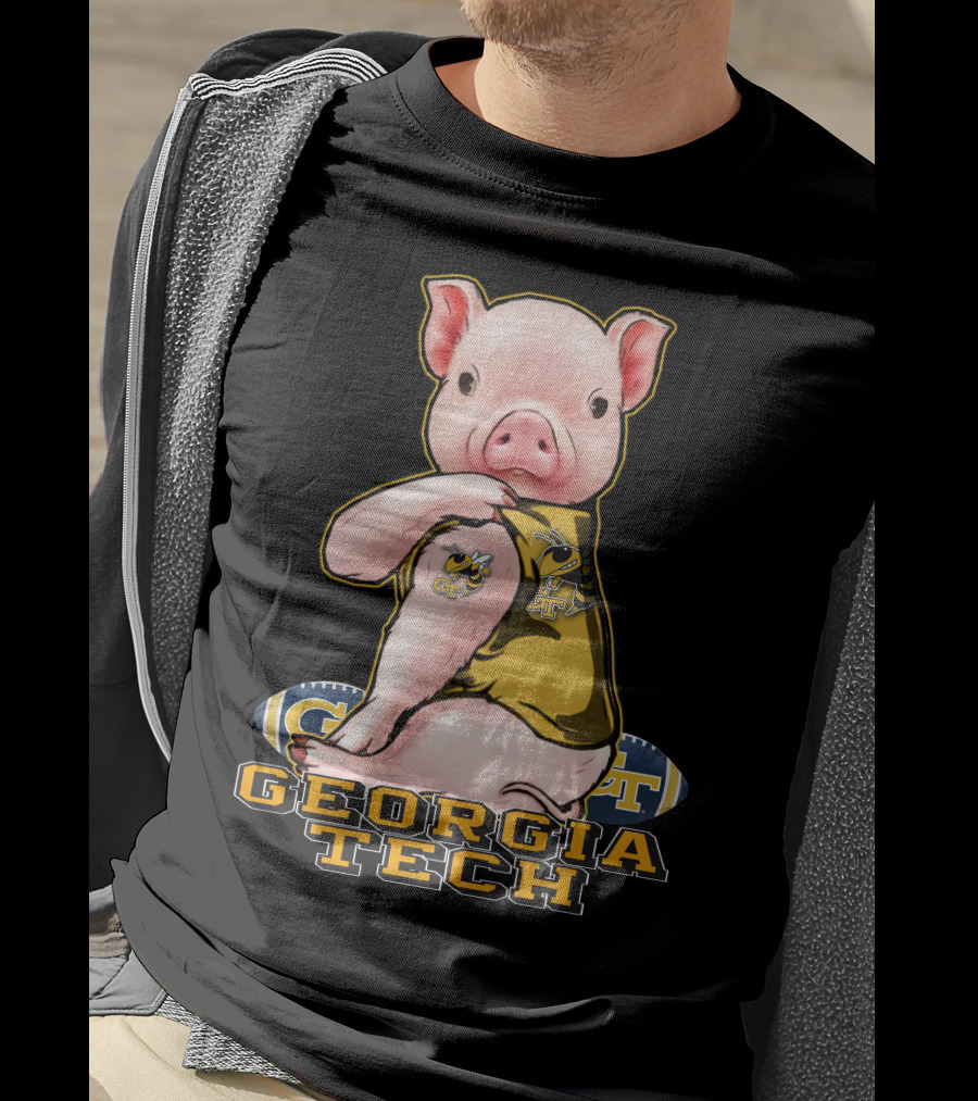 Pig Wearing Georgia Tech Yellow Jackets Mascot Jersey T-Shirt