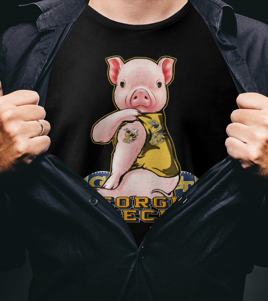 Pig Wearing Georgia Tech Yellow Jackets Mascot Jersey T-Shirt