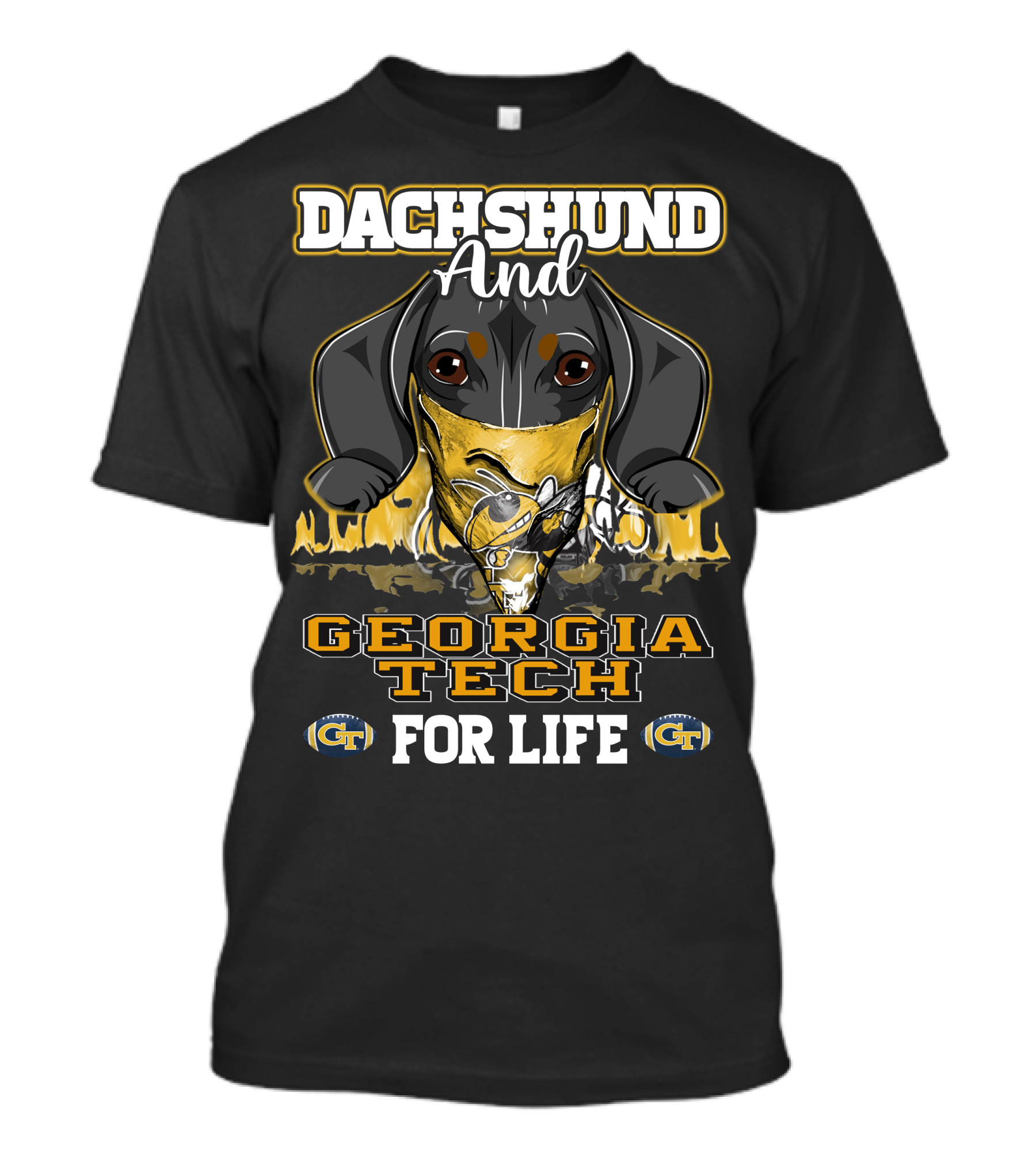 Dachshund And Georgia Tech GT For Life Yellow Jackets T-Shirt