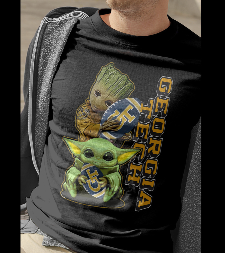 Grzd Georgia Tech Yellow Jackets Groot And Baby Yoda Football T-Shirt