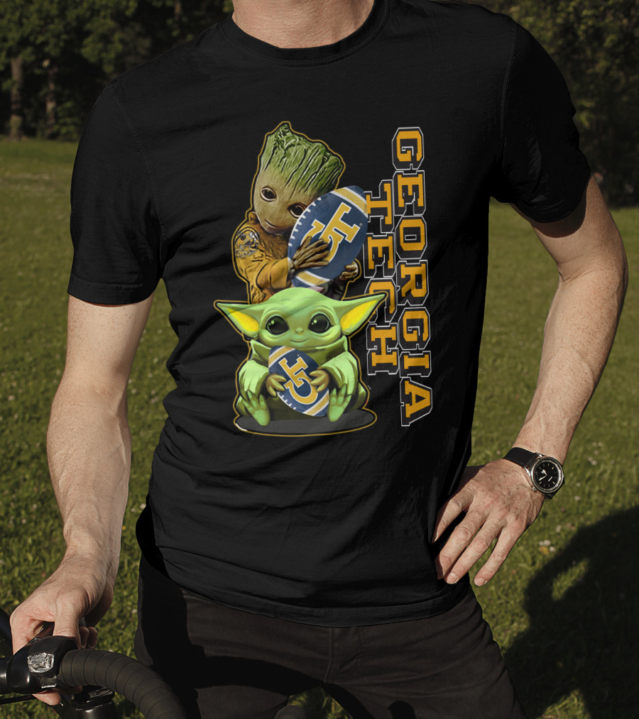 Grzd Georgia Tech Yellow Jackets Groot And Baby Yoda Football T-Shirt