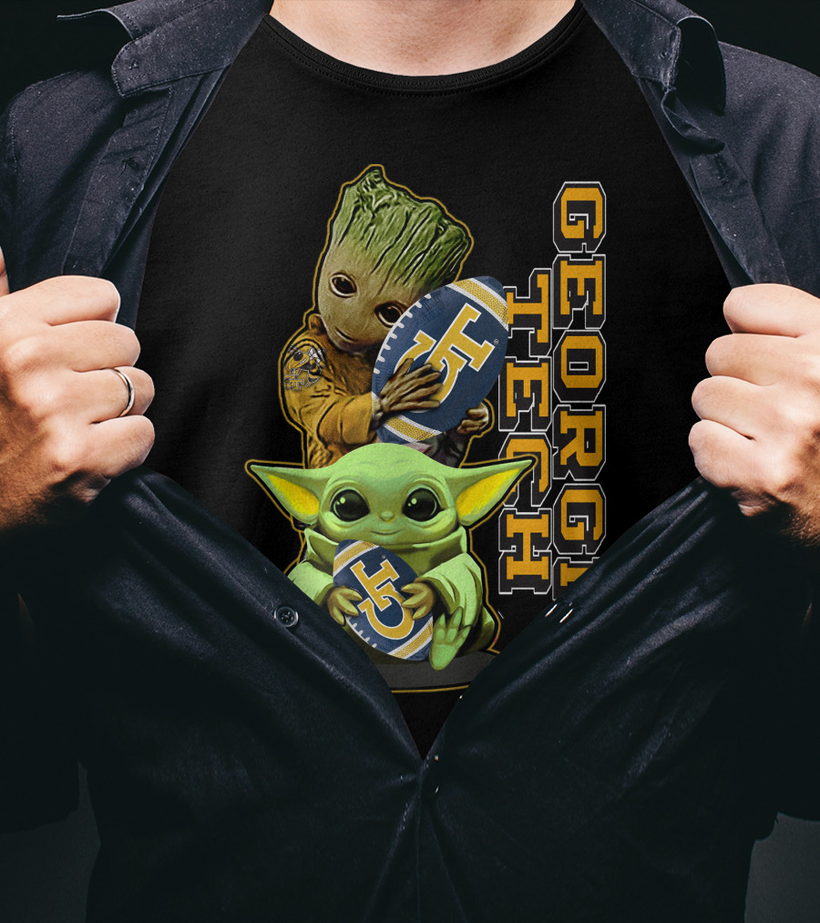 Grzd Georgia Tech Yellow Jackets Groot And Baby Yoda Football T-Shirt
