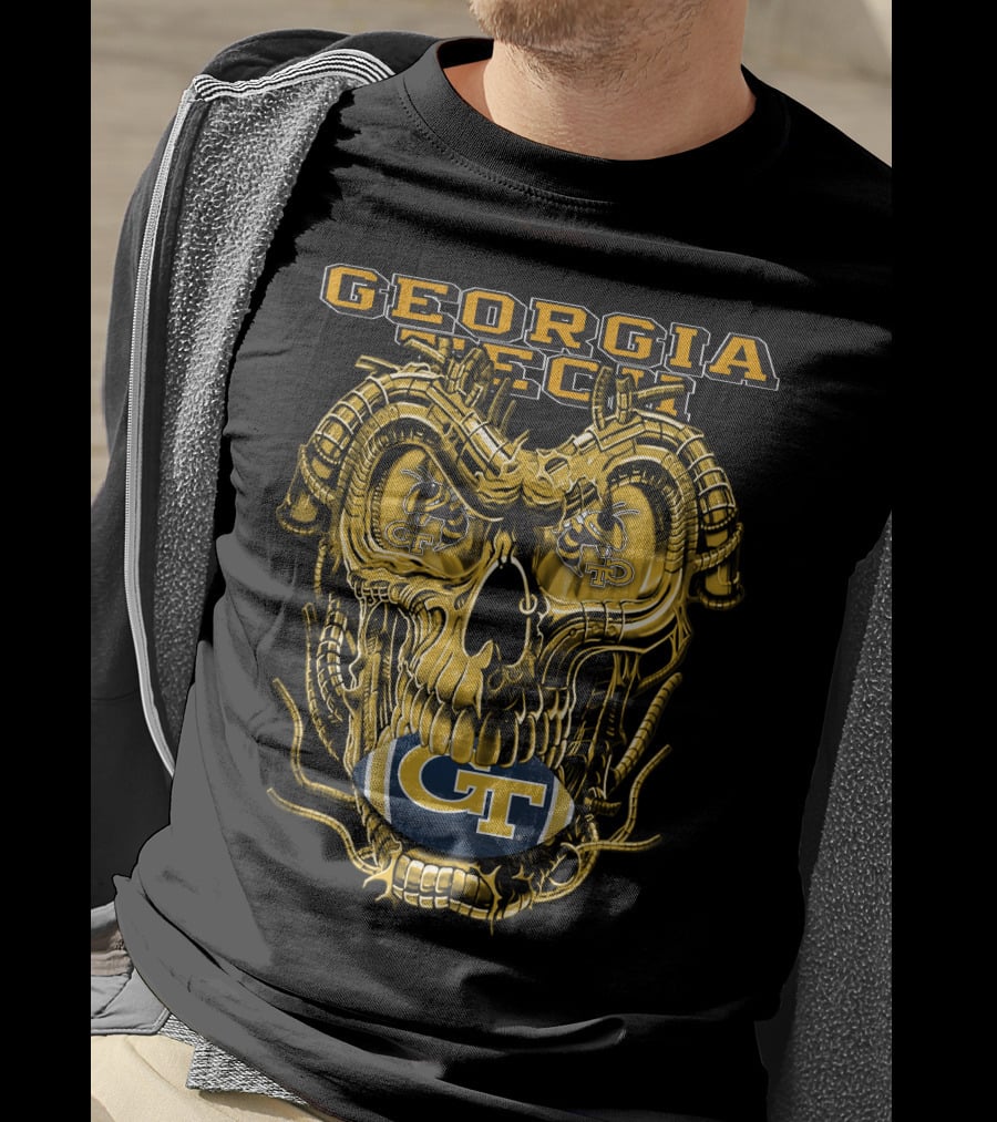 Georgia Tech Yellow Jackets Skull With GT Football And Mechanical Details T-Shirt