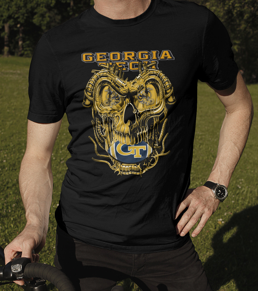 Georgia Tech Yellow Jackets Skull With GT Football And Mechanical Details T-Shirt