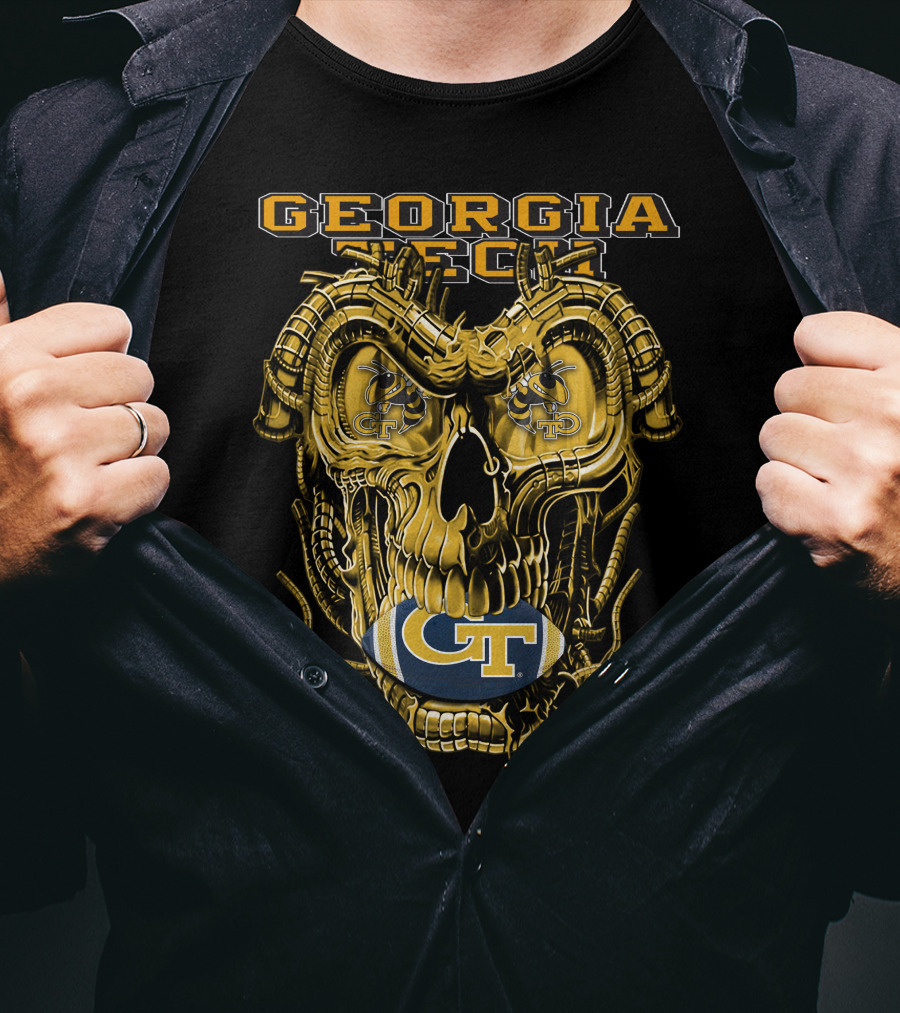 Georgia Tech Yellow Jackets Skull With GT Football And Mechanical Details T-Shirt
