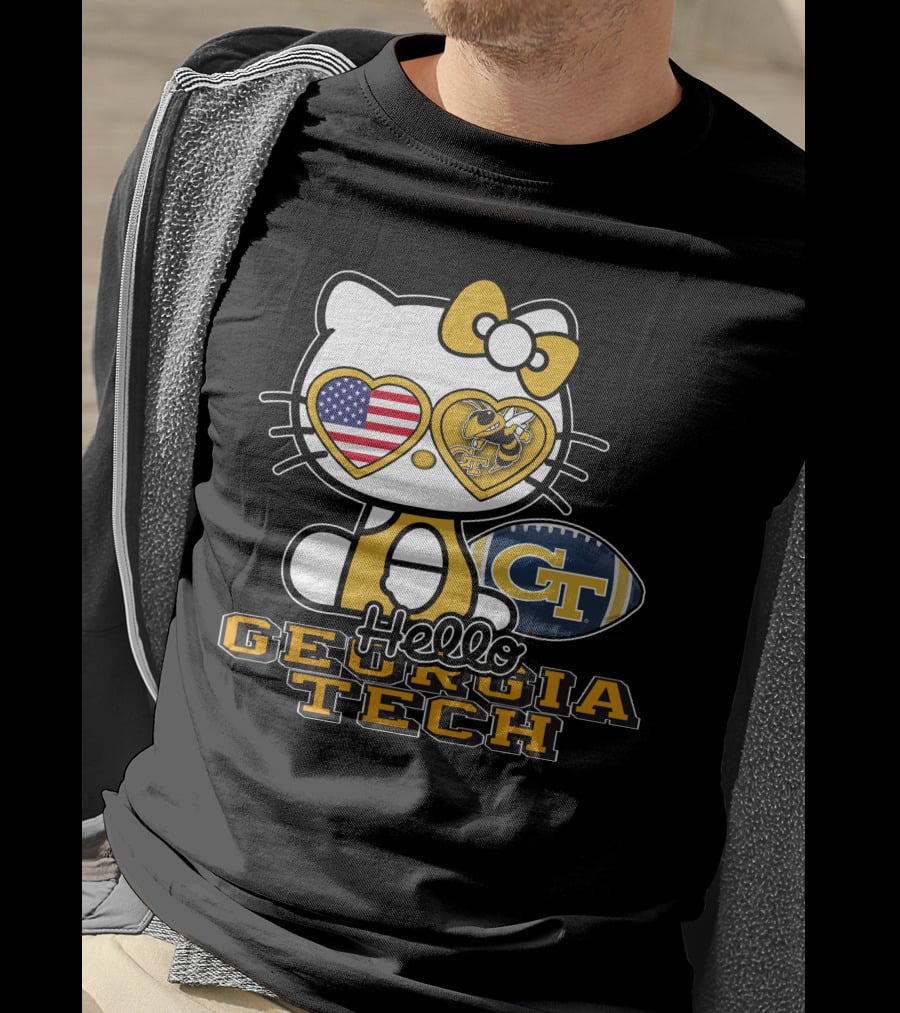 Hello Kitty Georgia Tech Yellow Jackets American Flag Football T-Shirt