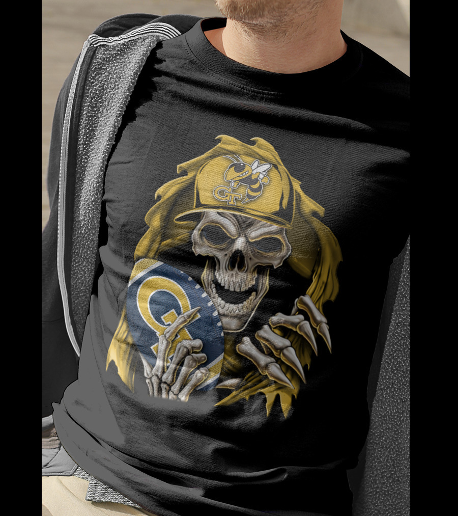 Skullbong Georgia Tech Yellow Jackets Grim Reaper Holding GT Football With Yellow Jacket Cap T-Shirt