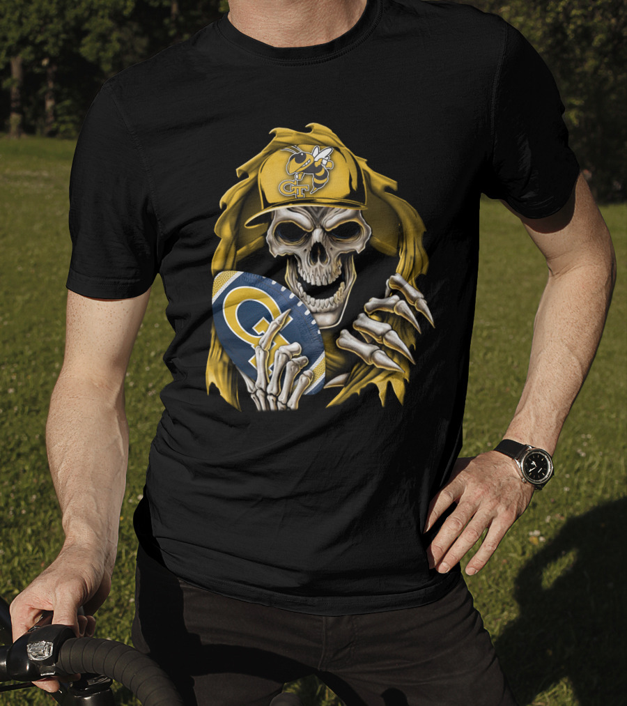Skullbong Georgia Tech Yellow Jackets Grim Reaper Holding GT Football With Yellow Jacket Cap T-Shirt