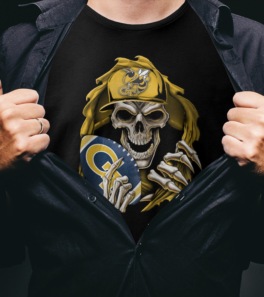 Skullbong Georgia Tech Yellow Jackets Grim Reaper Holding GT Football With Yellow Jacket Cap T-Shirt