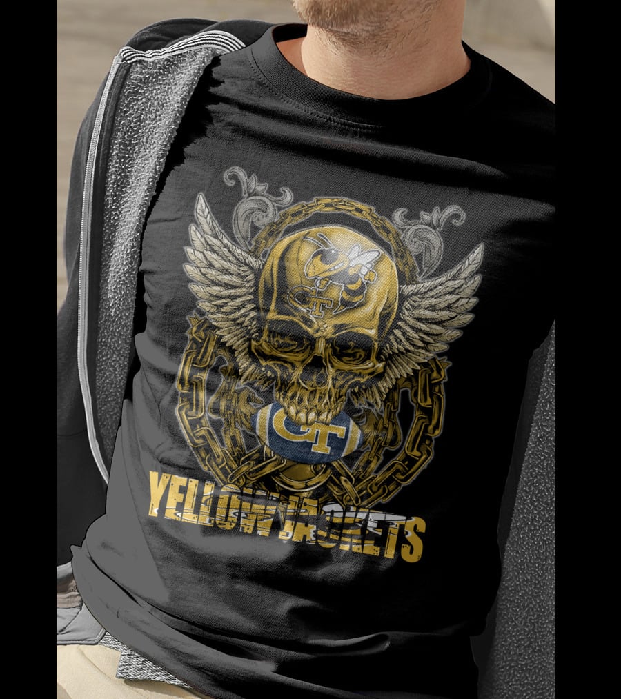 Skullfb Georgia Tech Gt Yellow Jackets Winged Skull Football T-Shirt