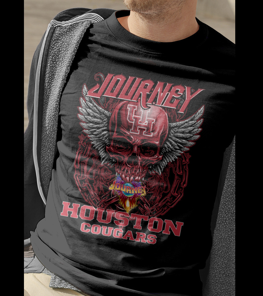 Journey Houston Cougars Skull Wings Flame Chains T-Shirt