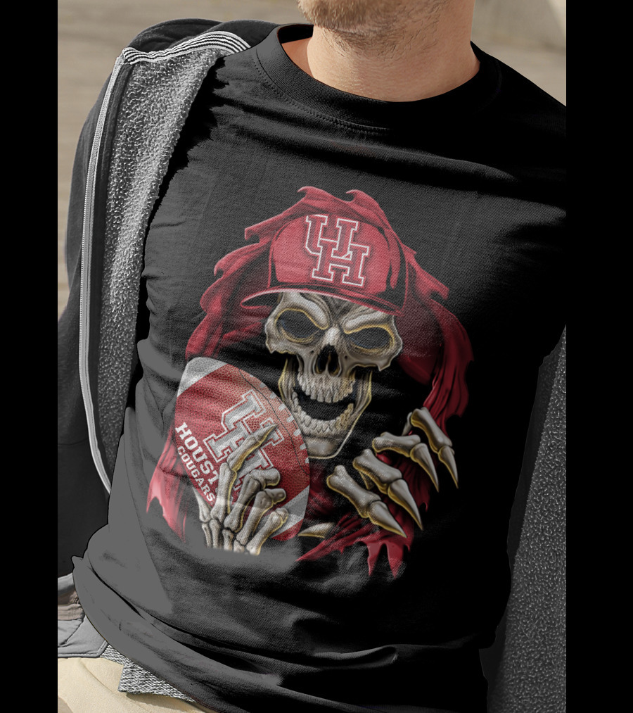 Skullbong Houston Cougars Skeleton Holding Football With UH T-Shirt